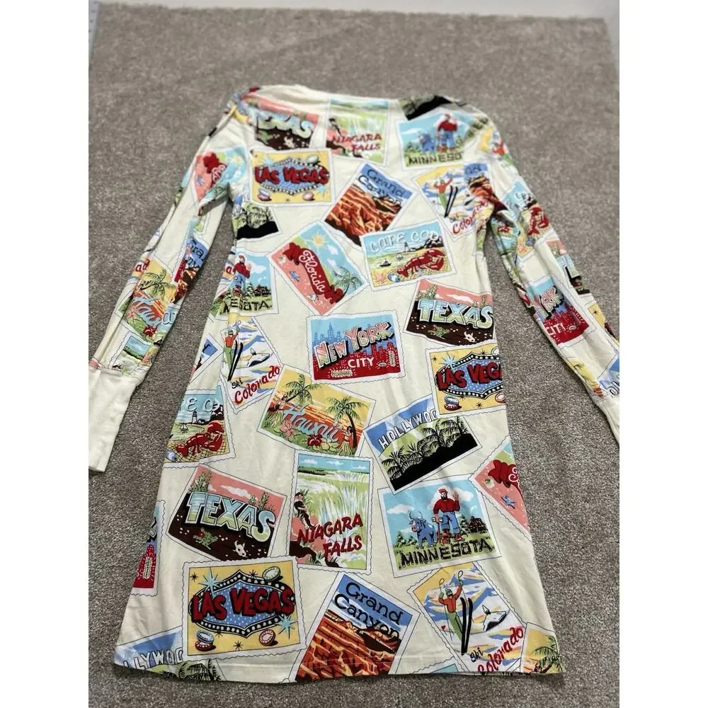 Nick & Nora‎ Travel Postcard Print Long Sleeve Pajama Dress Nightgown Size Small